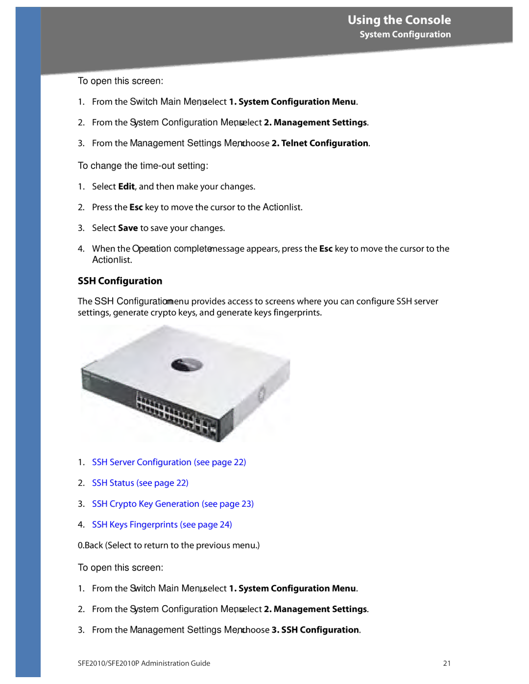 Linksys SFE2010P manual SSH Configuration, To change the time-out setting 