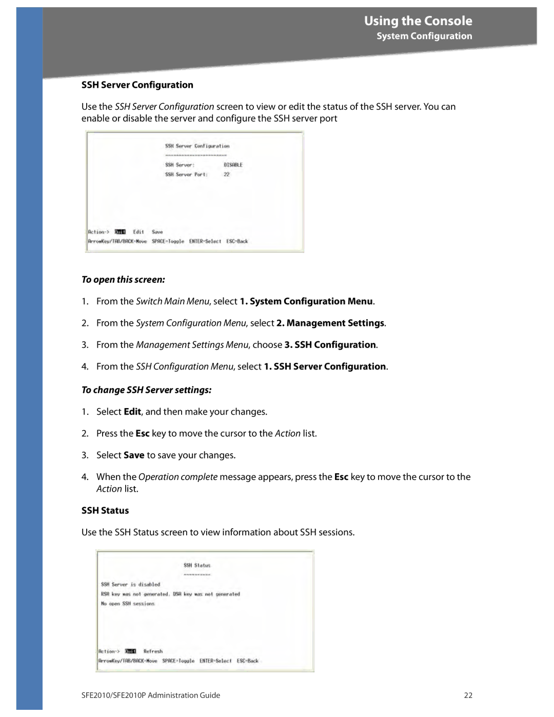 Linksys SFE2010P manual SSH Server Configuration, To change SSH Server settings 