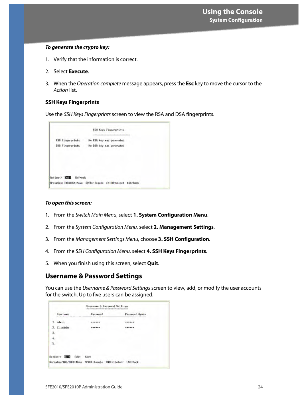 Linksys SFE2010P manual Username & Password Settings, To generate the crypto key 