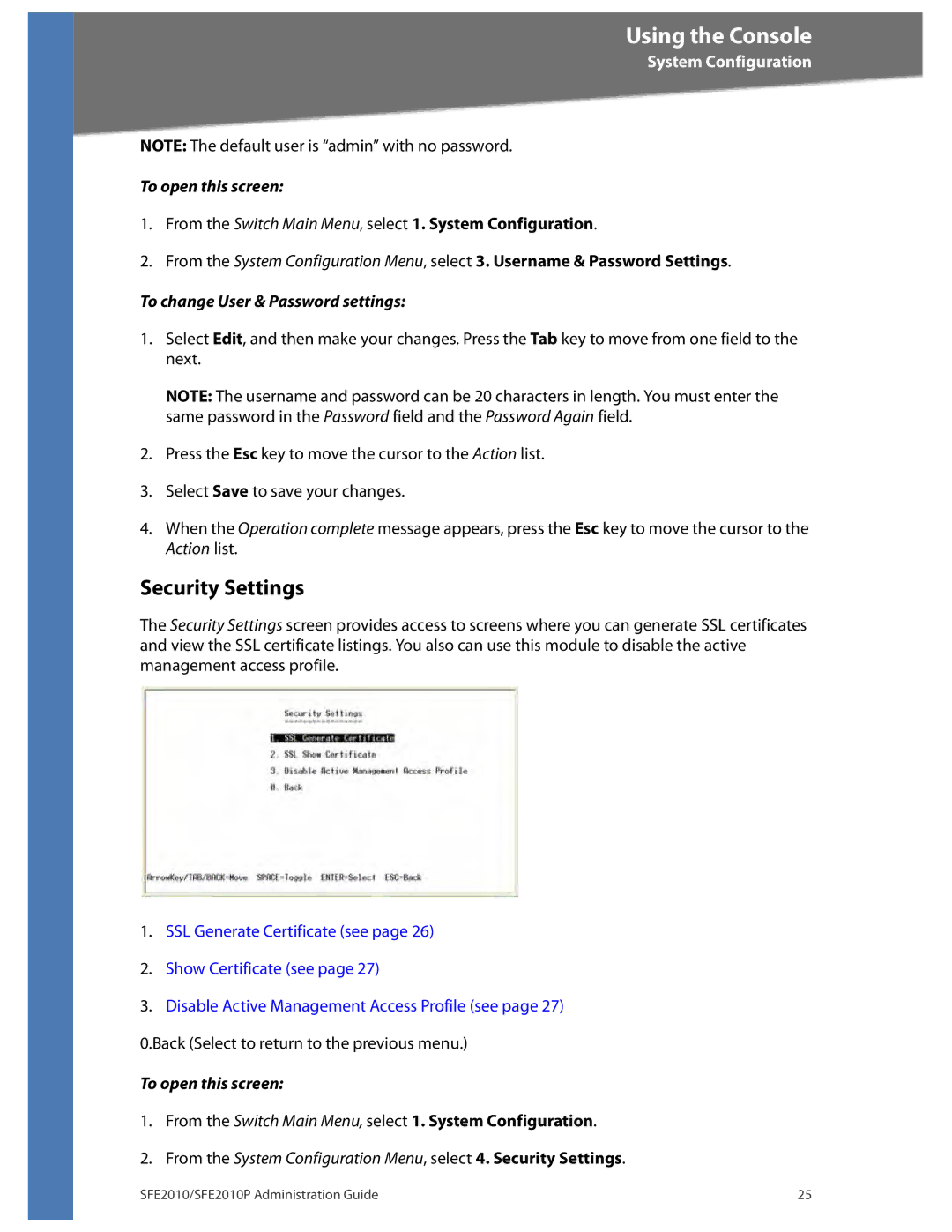 Linksys SFE2010P manual Security Settings, To change User & Password settings 