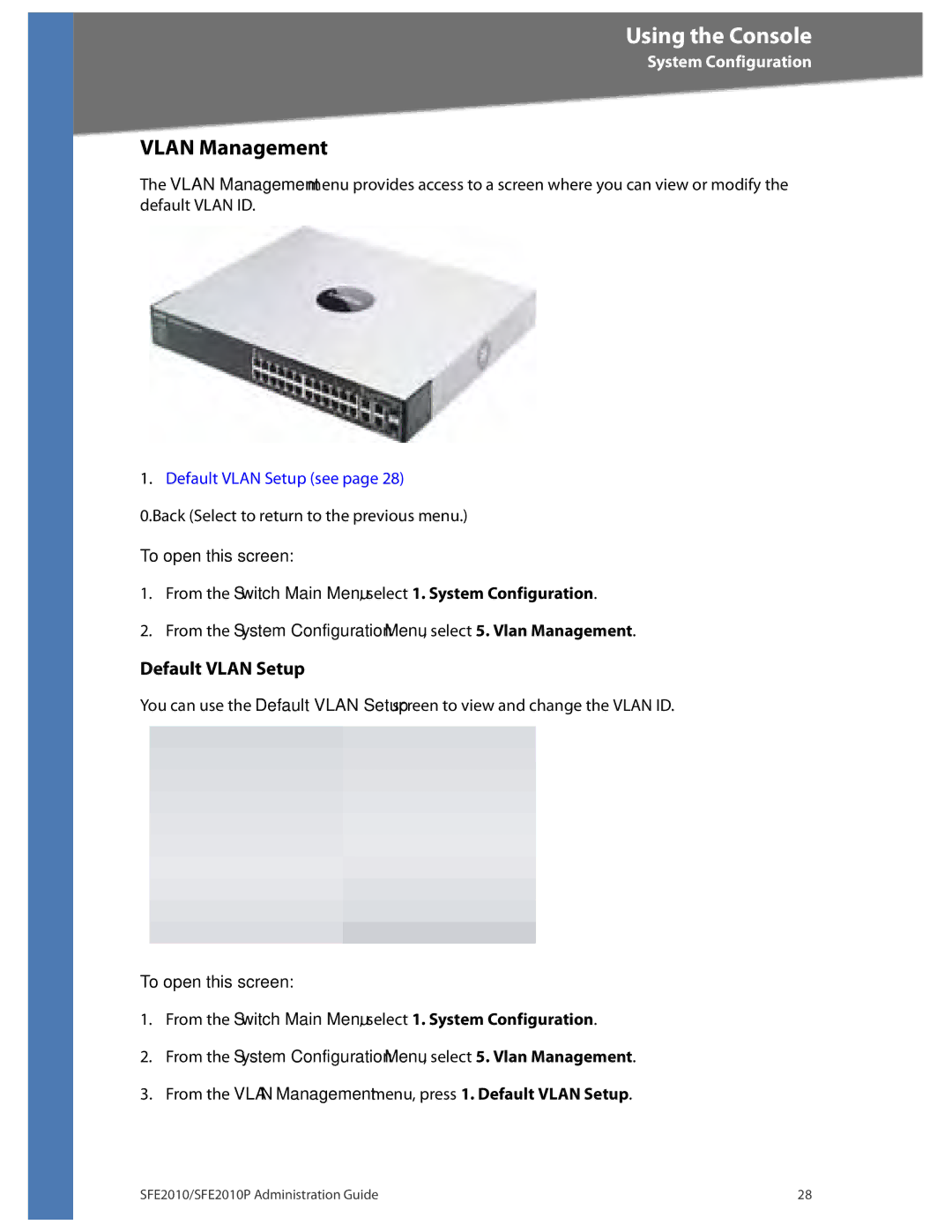 Linksys SFE2010P manual Vlan Management, Default Vlan Setup 