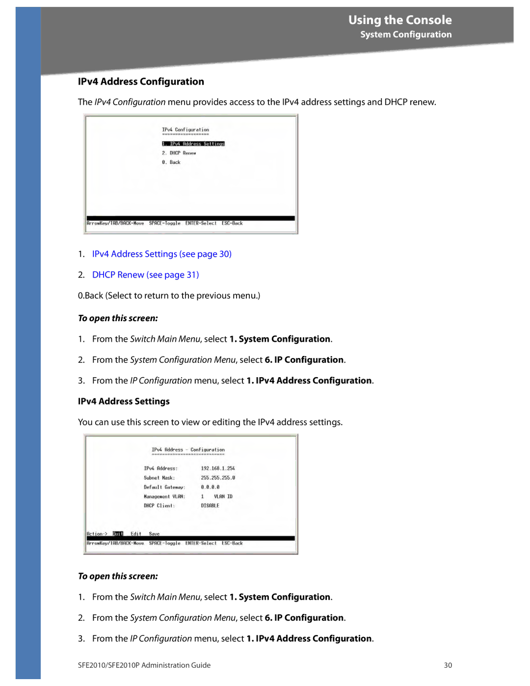 Linksys SFE2010P manual IPv4 Address Configuration 