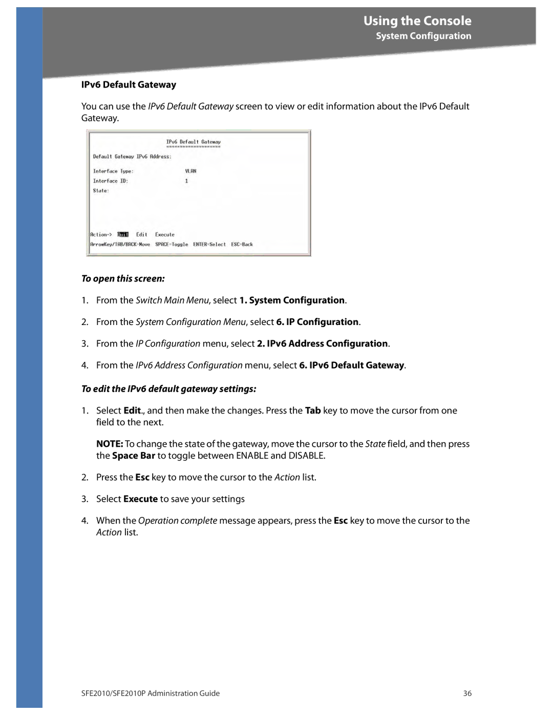 Linksys SFE2010P manual IPv6 Default Gateway, To edit the IPv6 default gateway settings 