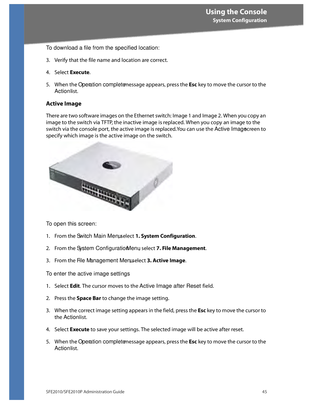 Linksys SFE2010P manual Active Image, To enter the active image settings 