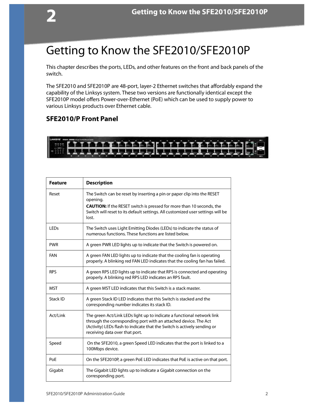 Linksys manual Getting to Know the SFE2010/SFE2010P, SFE2010/P Front Panel 