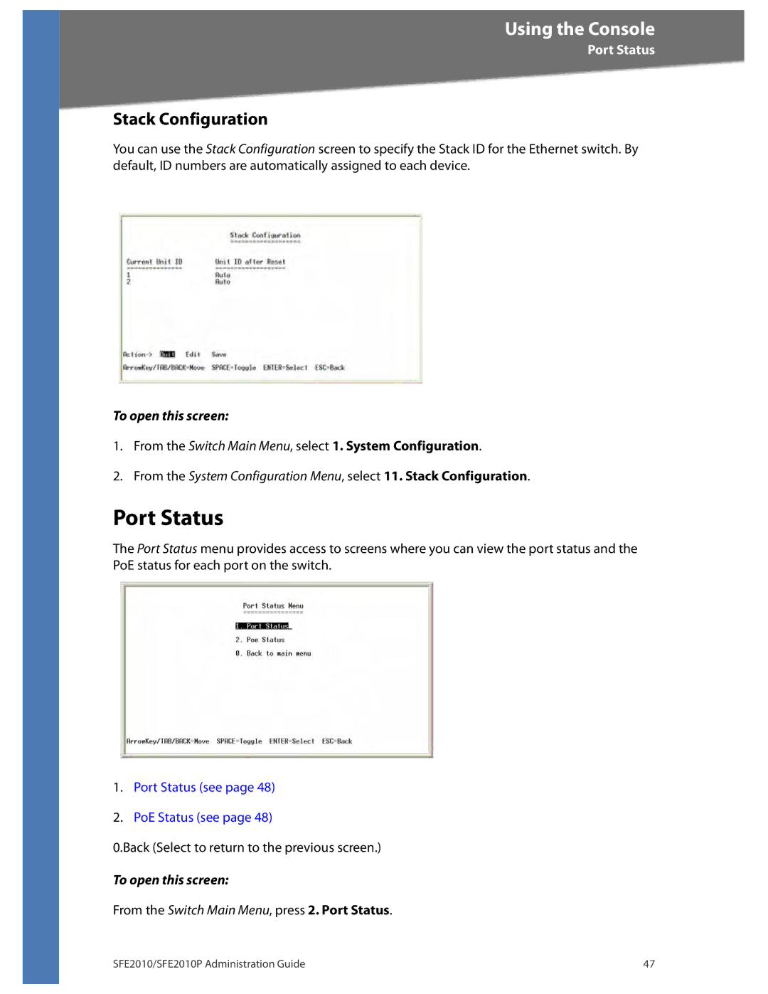 Linksys SFE2010P manual Port Status, Stack Configuration 