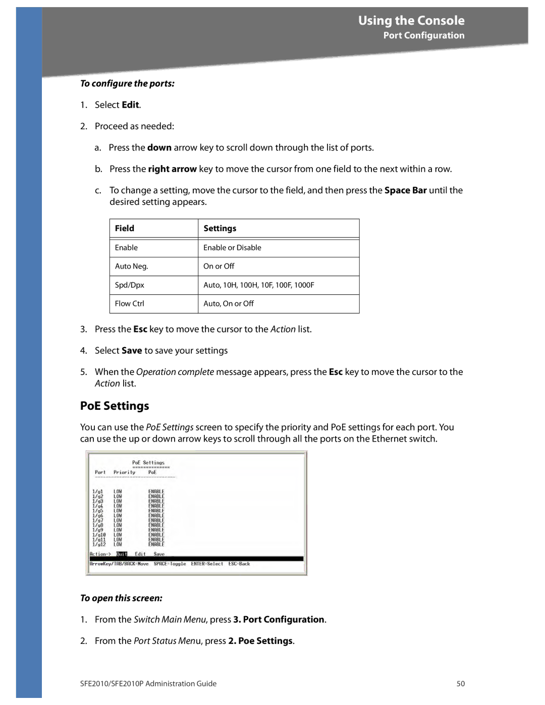 Linksys SFE2010P manual PoE Settings, To configure the ports 