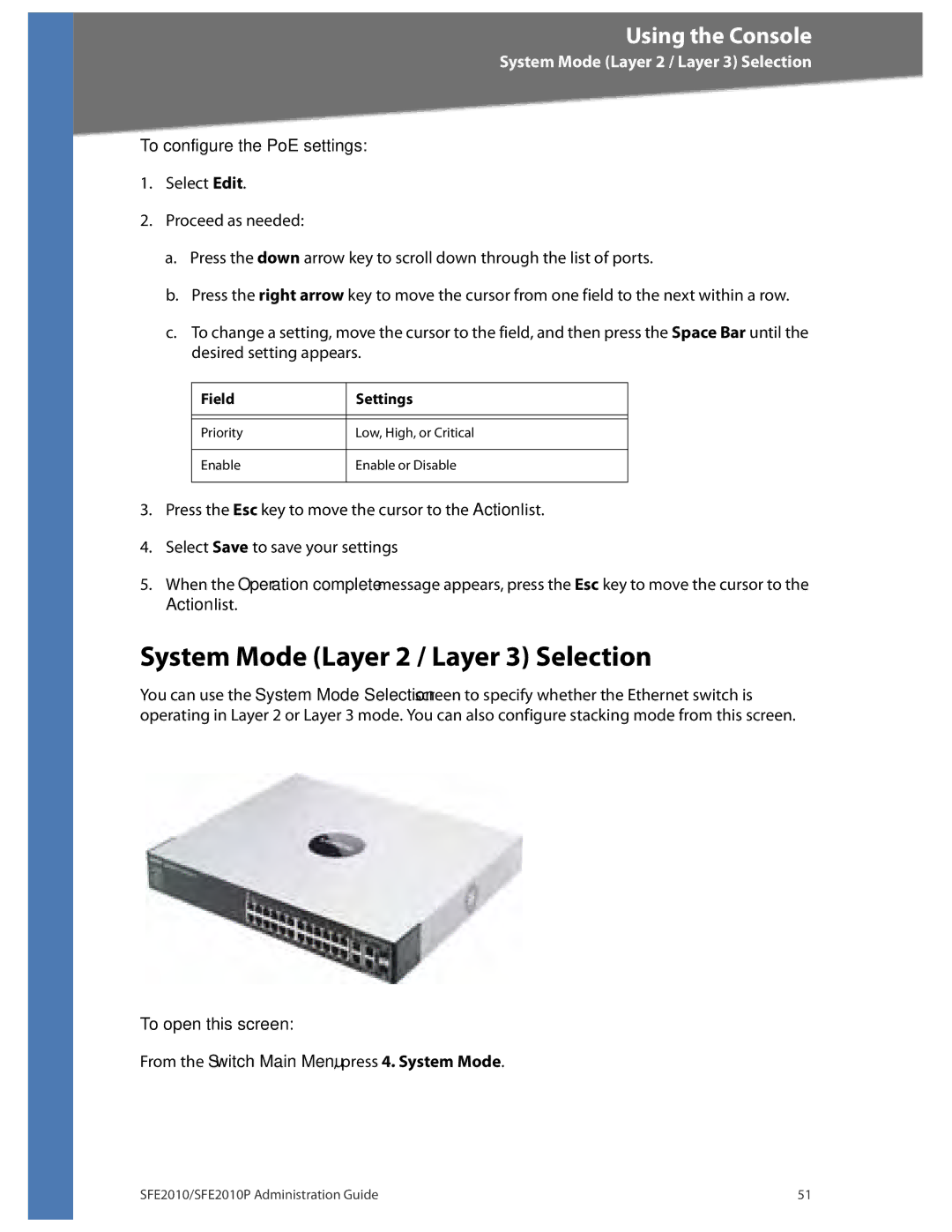 Linksys SFE2010P manual System Mode Layer 2 / Layer 3 Selection, To configure the PoE settings 