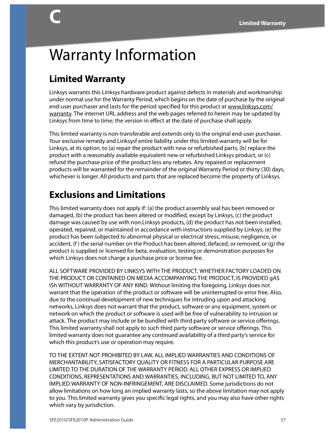 Linksys SFE2010P manual Limited Warranty, Exclusions and Limitations 