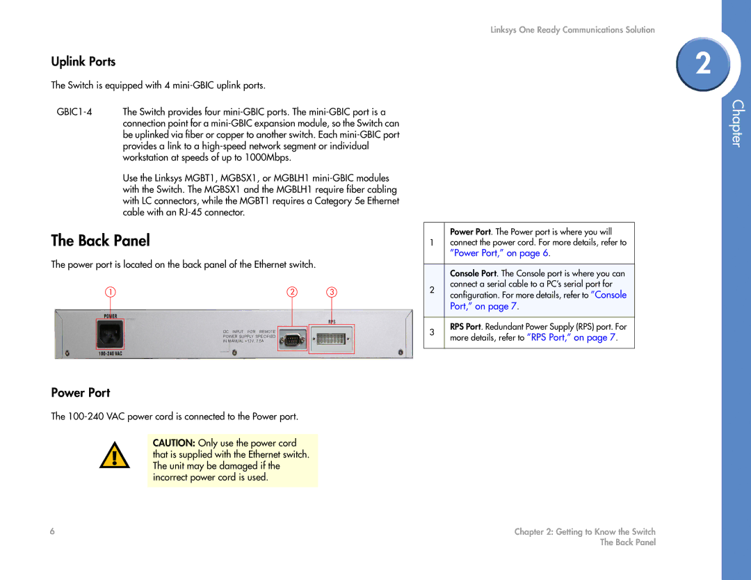 Linksys SGE2000 manual Back Panel, Uplink Ports, Power Port 