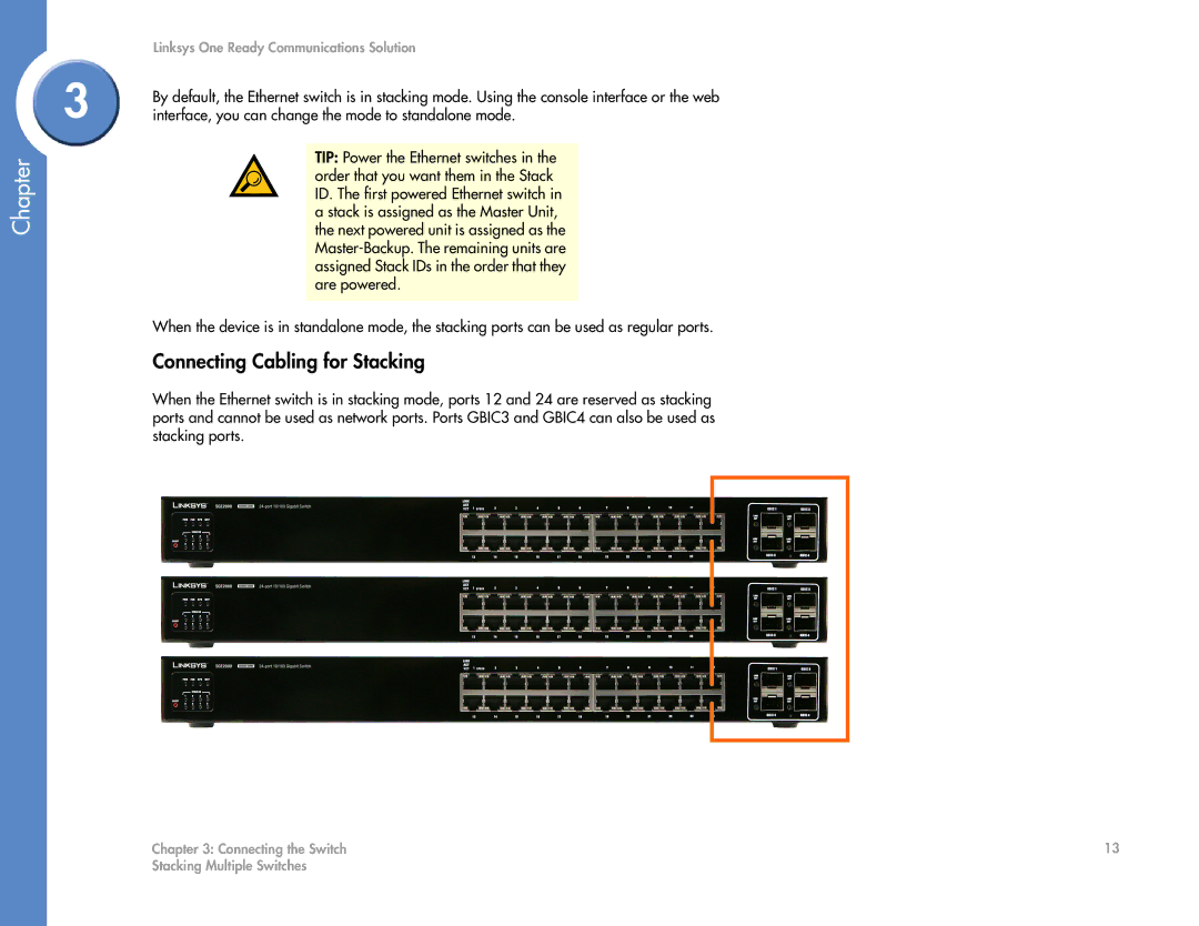 Linksys SGE2000 manual Connecting Cabling for Stacking, Interface, you can change the mode to standalone mode 