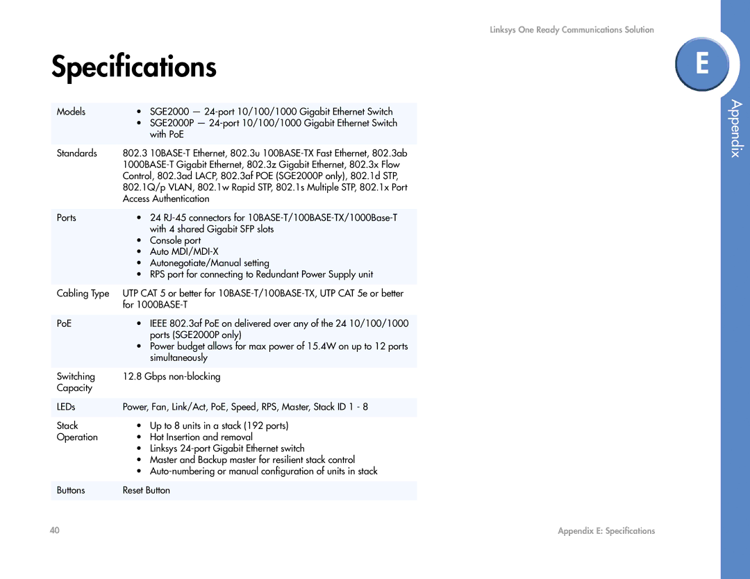 Linksys SGE2000 manual Specifications 