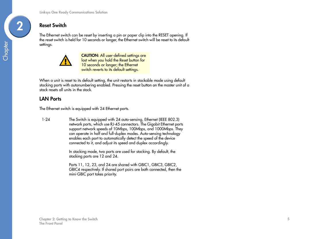 Linksys SGE2000 manual Reset Switch, LAN Ports 