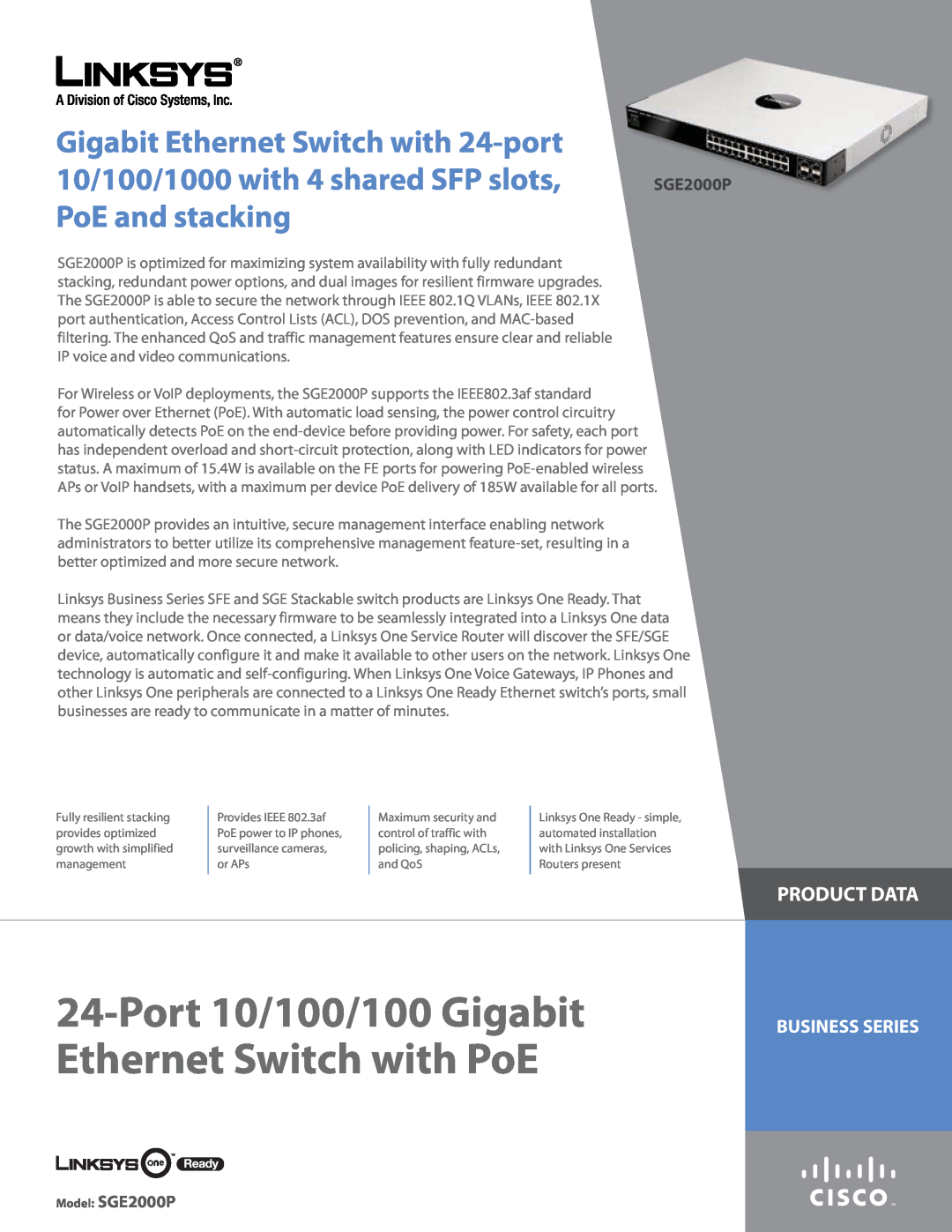 Linksys manual Product Data, Business Series, Port 10/100/100 Gigabit Ethernet Switch with PoE, Model SGE2000P 