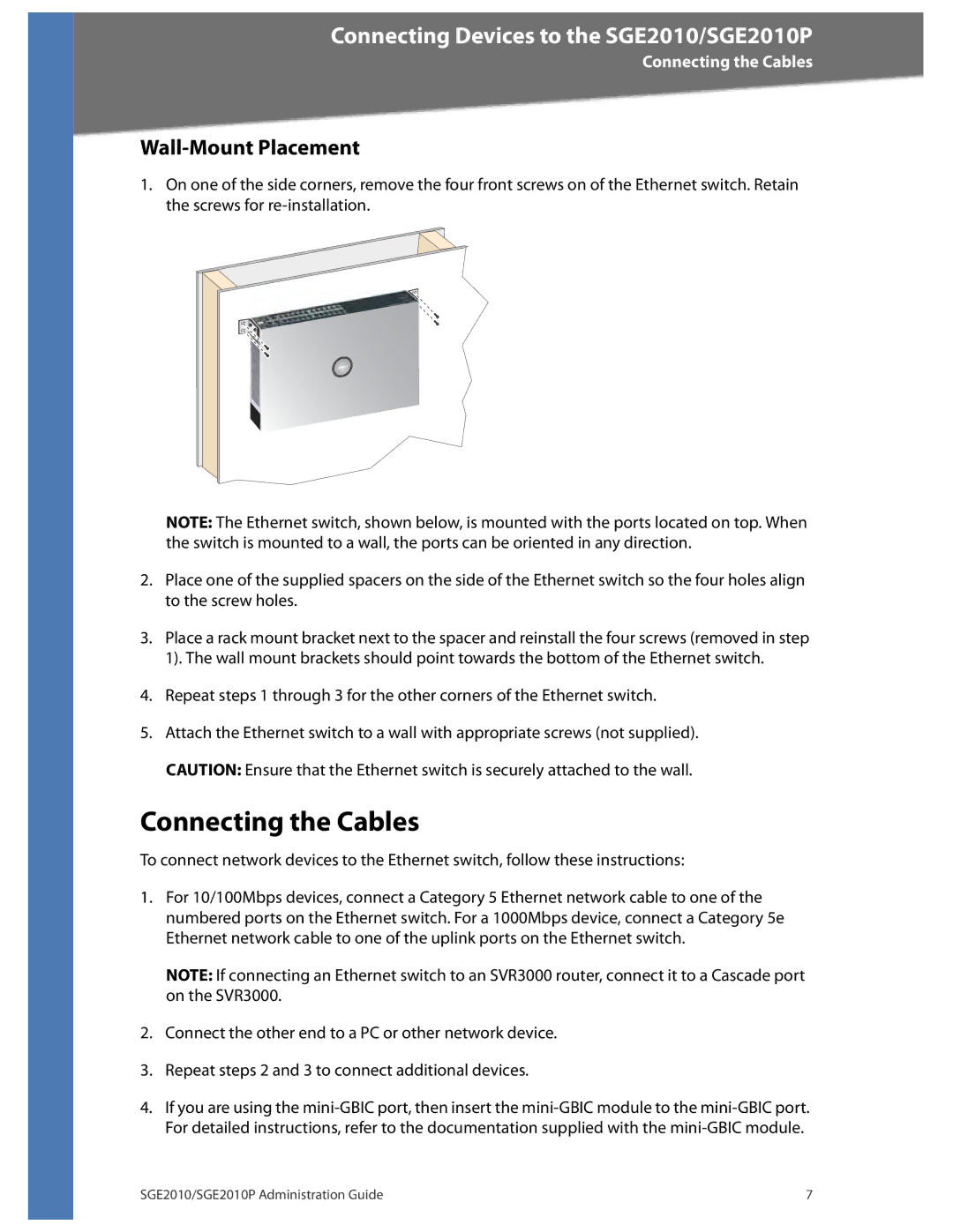 Linksys SGE2010P manual Connecting the Cables, Wall-Mount Placement 