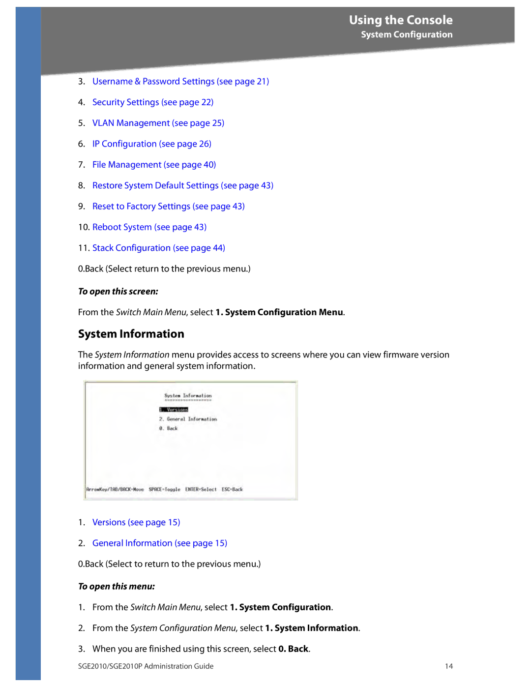 Linksys SGE2010P manual System Information, To open this screen, To open this menu 