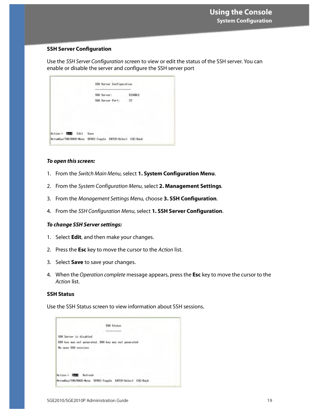 Linksys SGE2010P manual SSH Server Configuration, To change SSH Server settings 