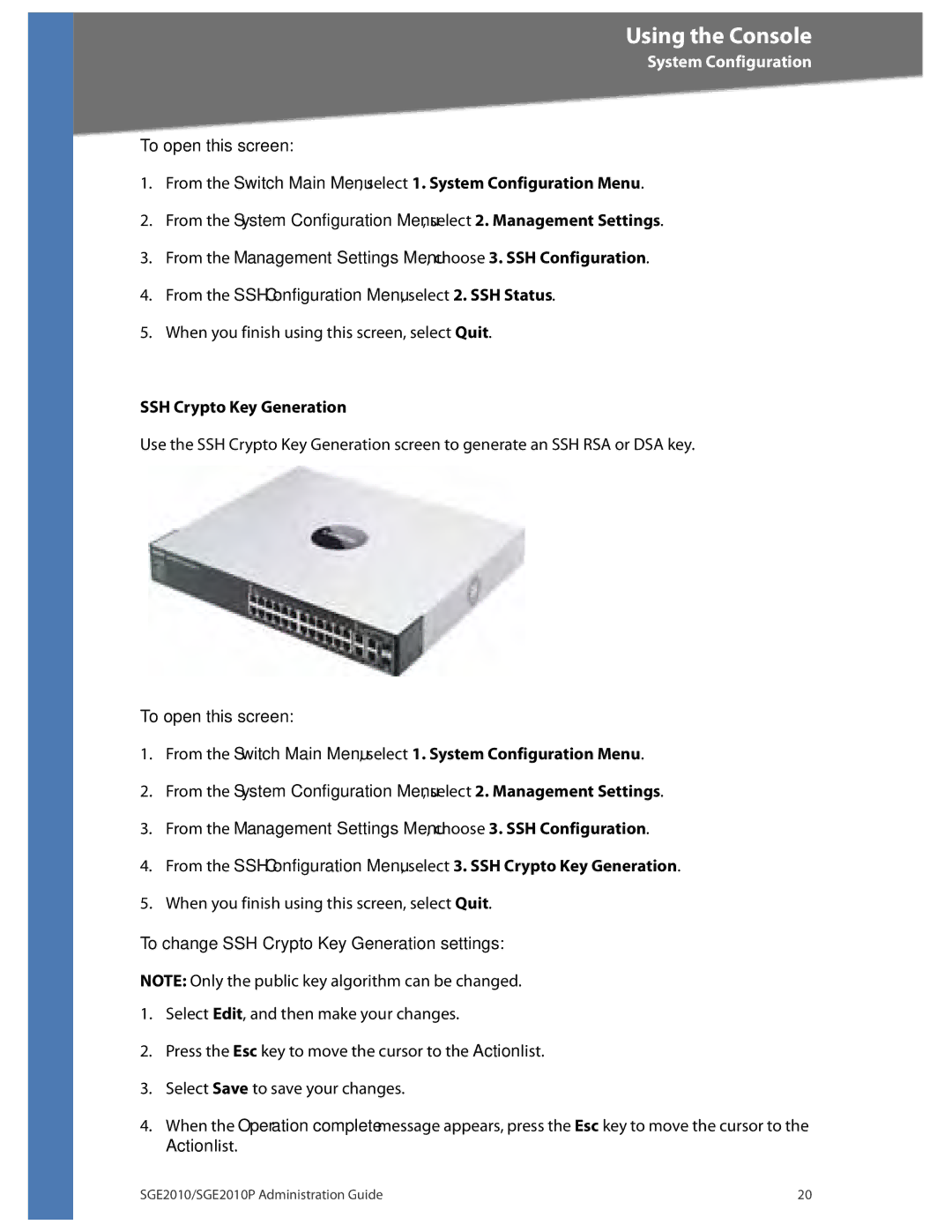 Linksys SGE2010P manual To change SSH Crypto Key Generation settings 