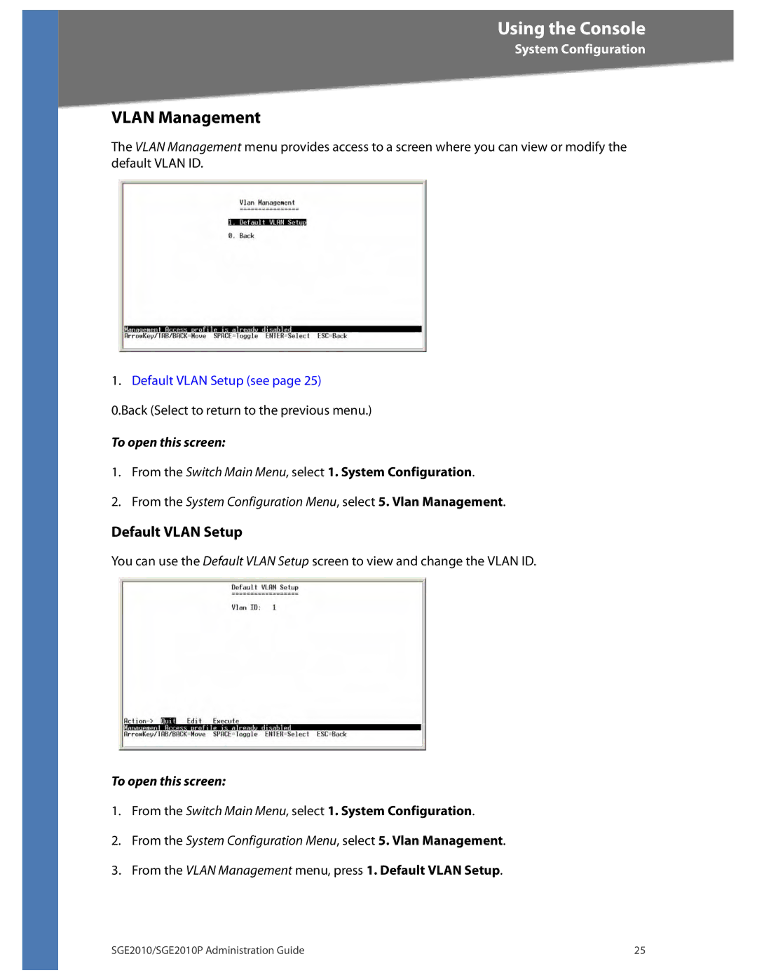 Linksys SGE2010P manual Vlan Management, Default Vlan Setup 