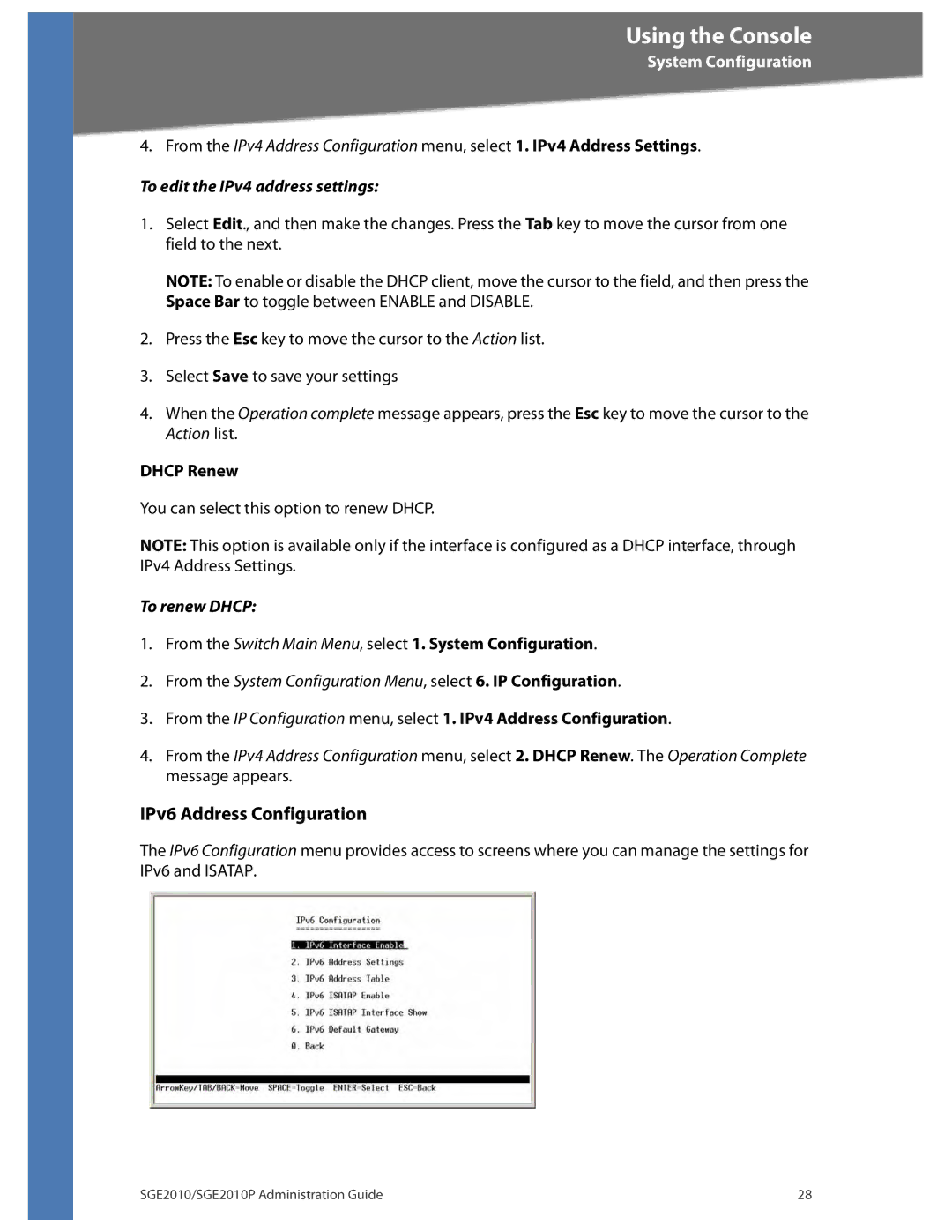 Linksys SGE2010P manual IPv6 Address Configuration, To edit the IPv4 address settings, To renew Dhcp 