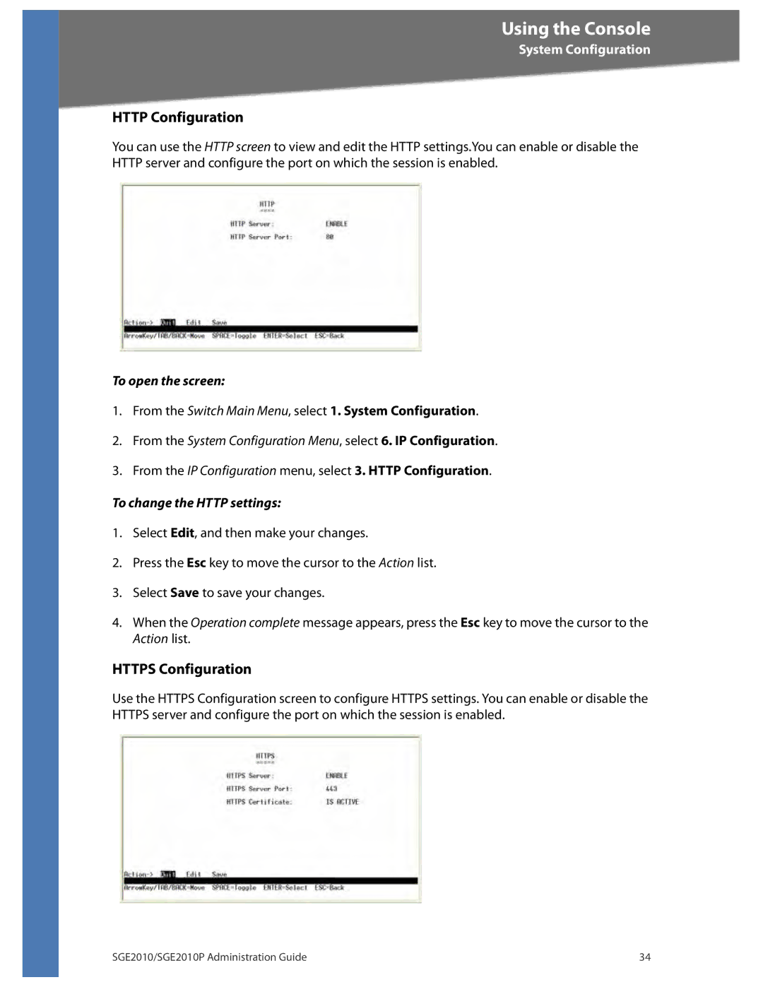 Linksys SGE2010P manual Http Configuration, Https Configuration, To open the screen, To change the Http settings 