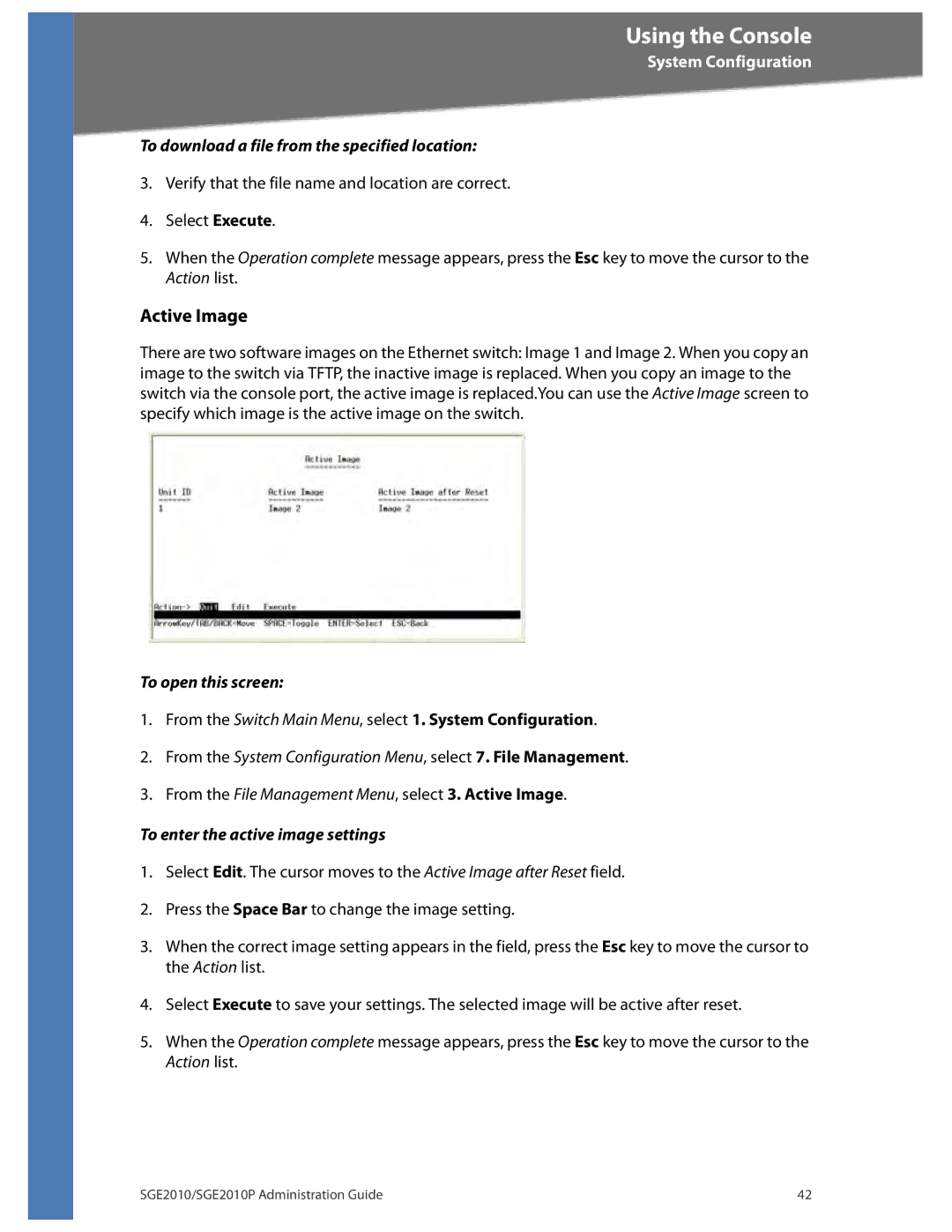 Linksys SGE2010P manual Active Image, To enter the active image settings 