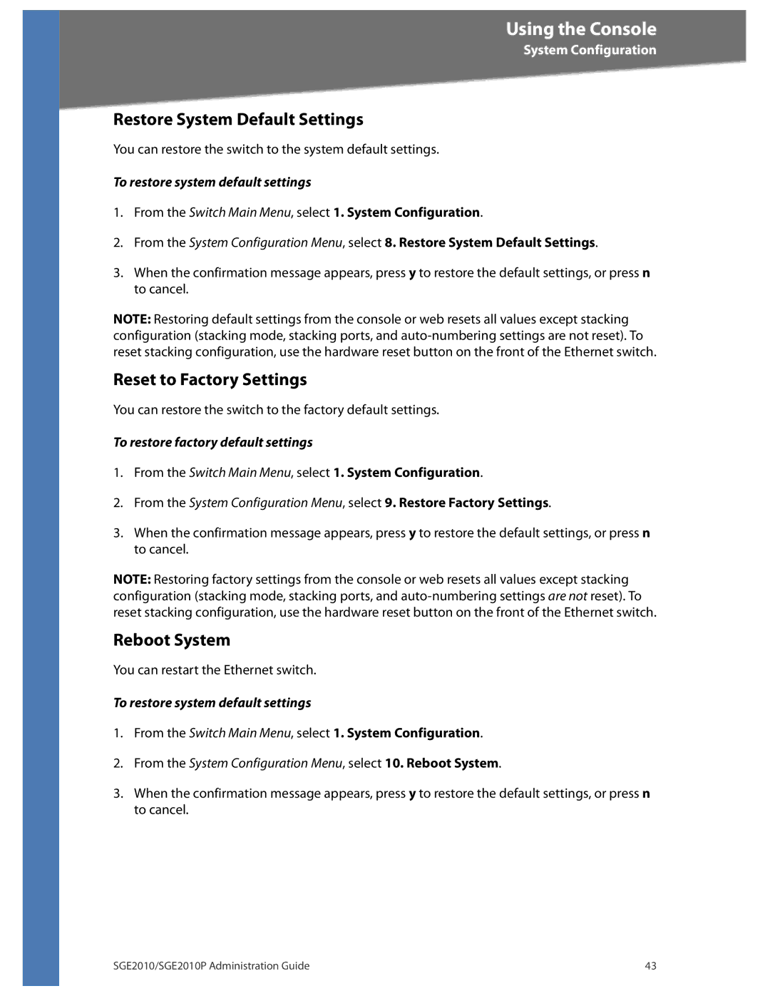 Linksys SGE2010P manual Restore System Default Settings, Reset to Factory Settings, Reboot System 