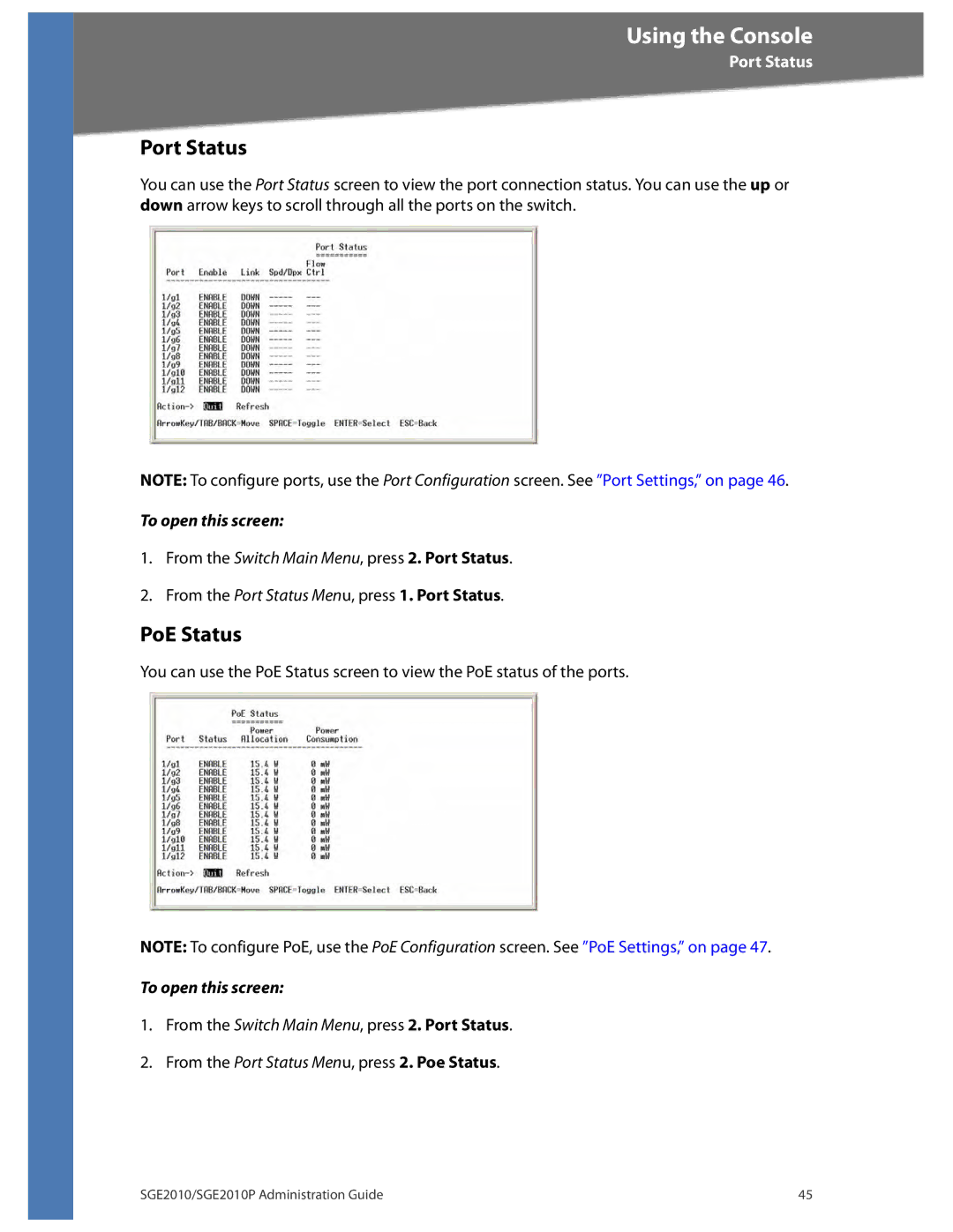 Linksys SGE2010P manual Port Status, PoE Status 