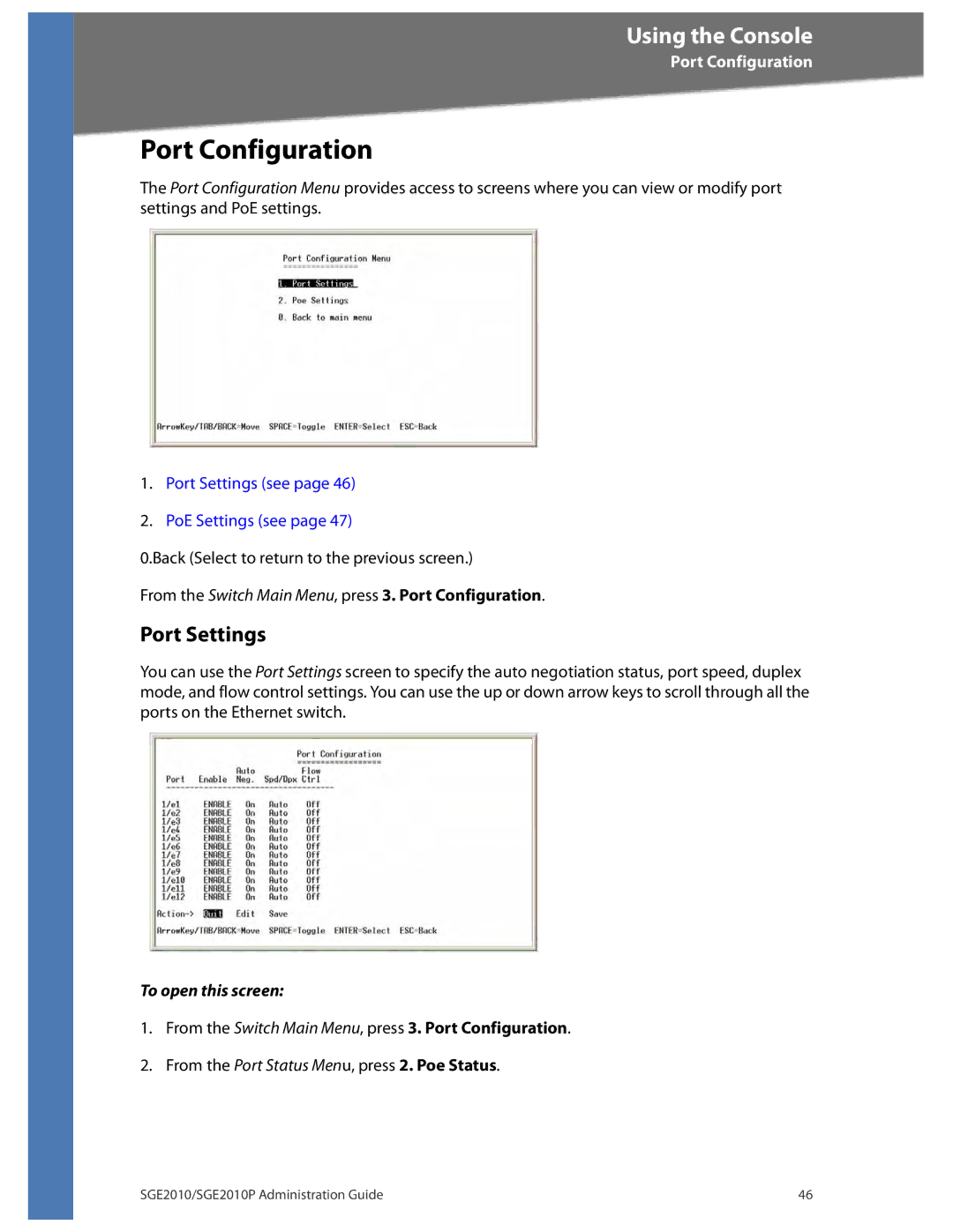 Linksys SGE2010P manual Port Configuration, Port Settings 