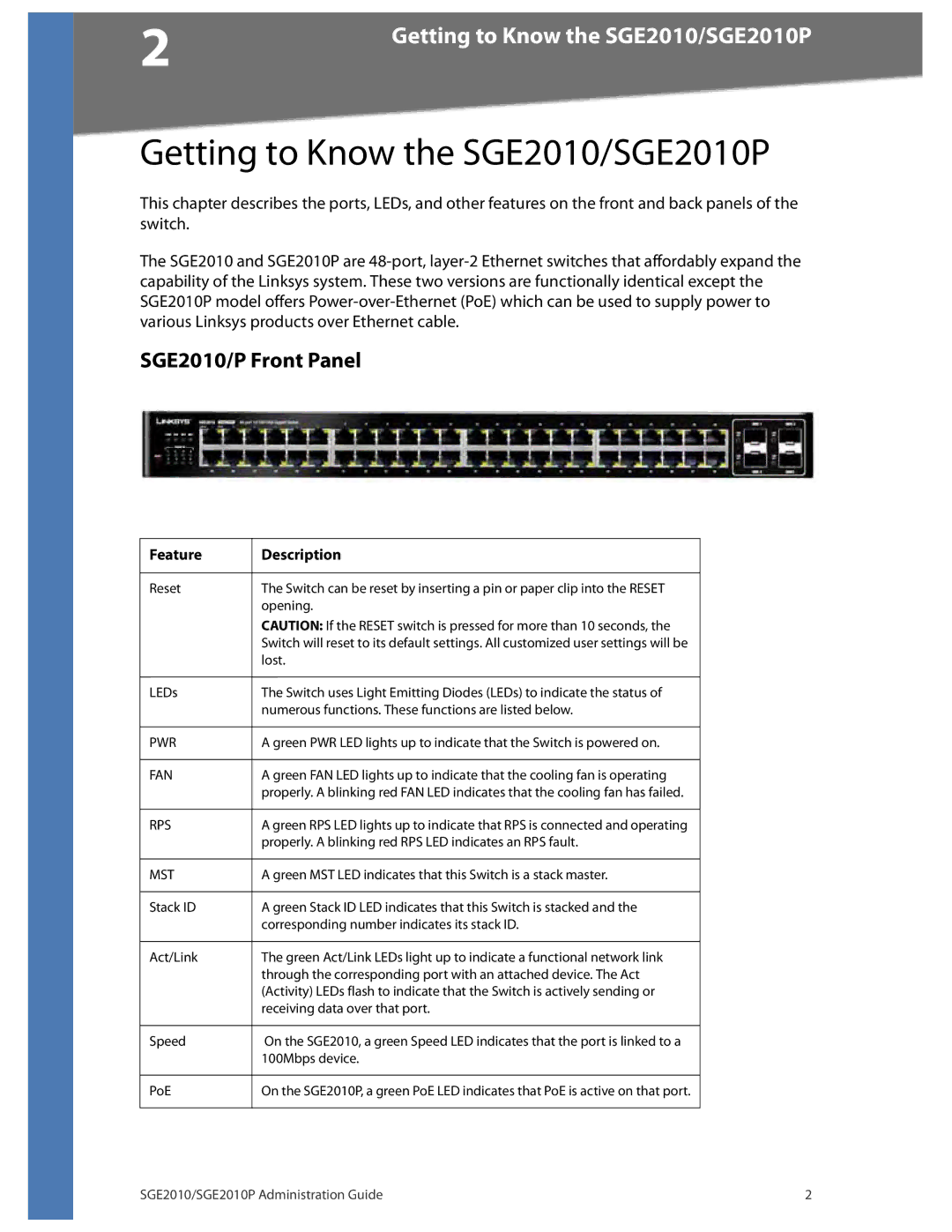 Linksys manual Getting to Know the SGE2010/SGE2010P, SGE2010/P Front Panel 