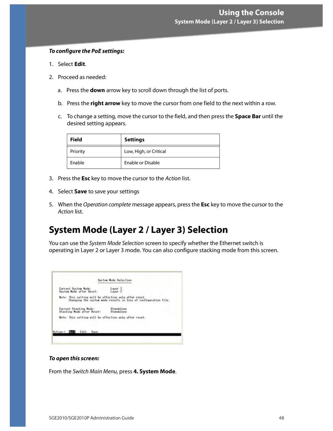 Linksys SGE2010P manual System Mode Layer 2 / Layer 3 Selection, To configure the PoE settings 