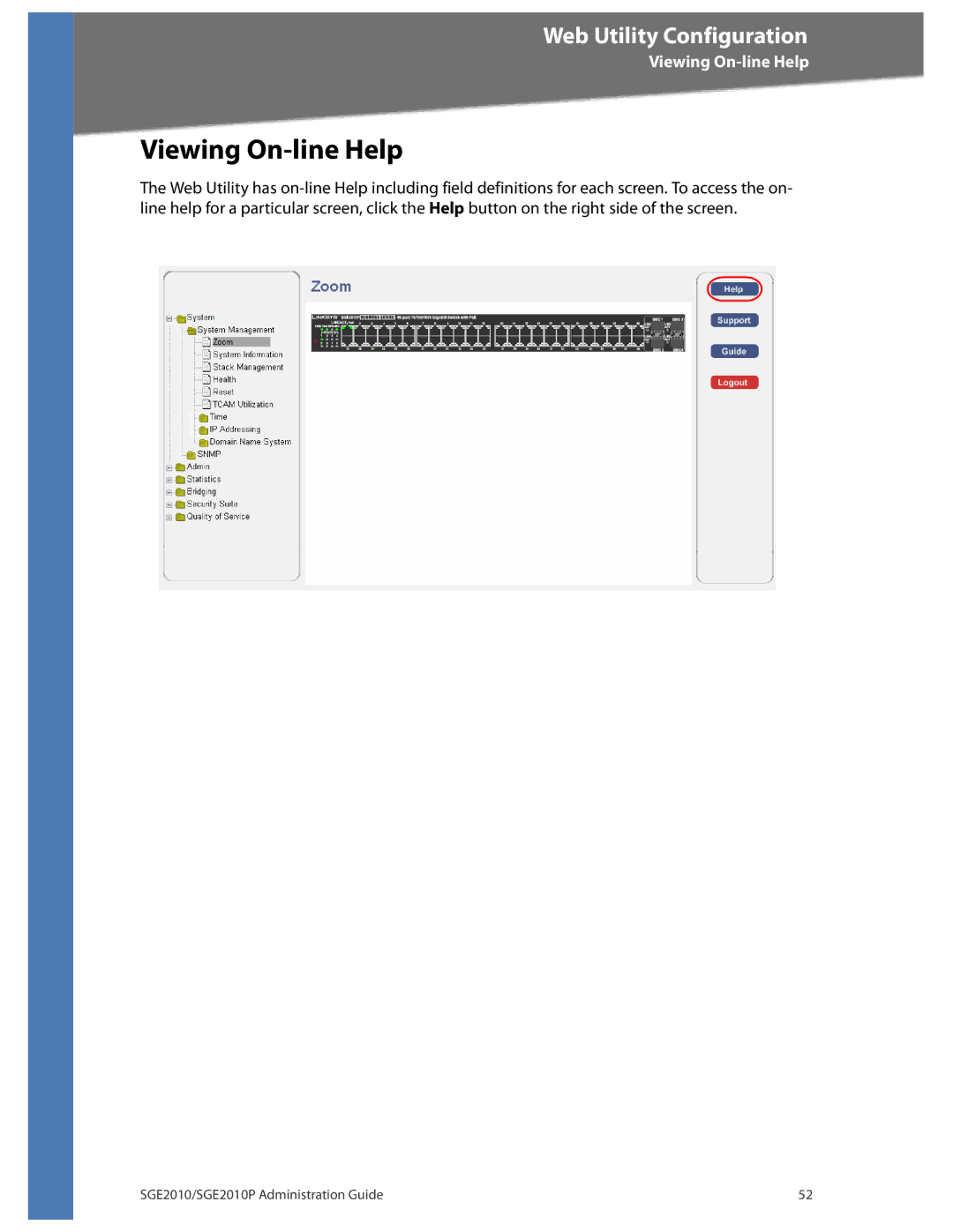 Linksys SGE2010P manual Viewing On-line Help 