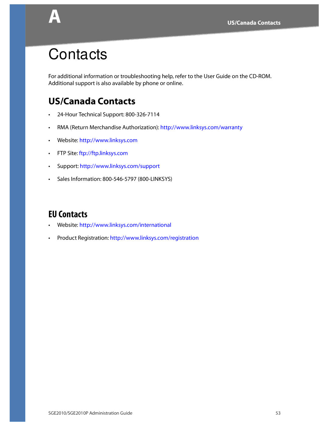 Linksys SGE2010P manual US/Canada Contacts, EU Contacts 