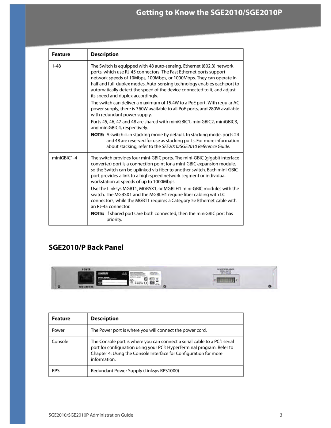 Linksys manual Getting to Know the SGE2010/SGE2010P, SGE2010/P Back Panel 