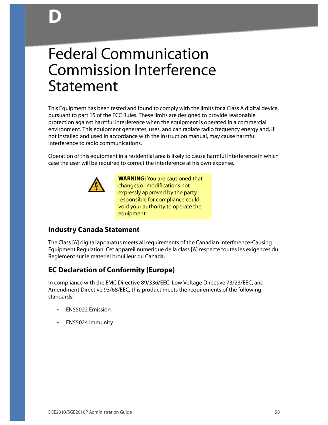 Linksys SGE2010P manual Industry Canada Statement, EC Declaration of Conformity Europe 