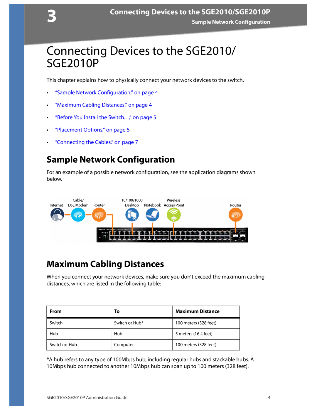 Linksys SGE2010P manual Sample Network Configuration, Maximum Cabling Distances 