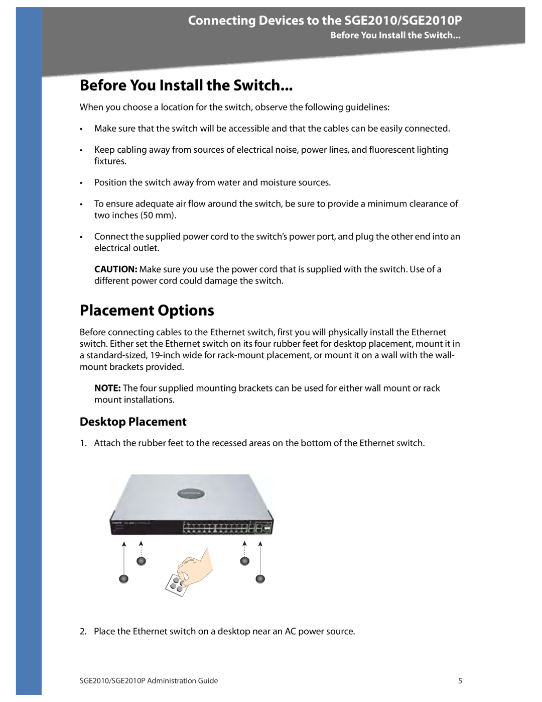 Linksys SGE2010P manual Before You Install the Switch, Placement Options, Desktop Placement 