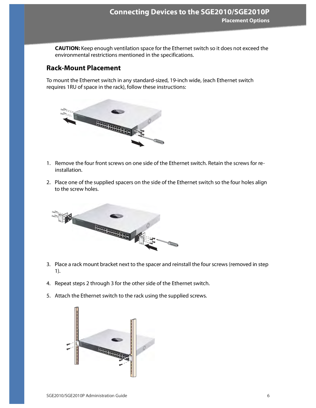 Linksys SGE2010P manual Rack-Mount Placement 