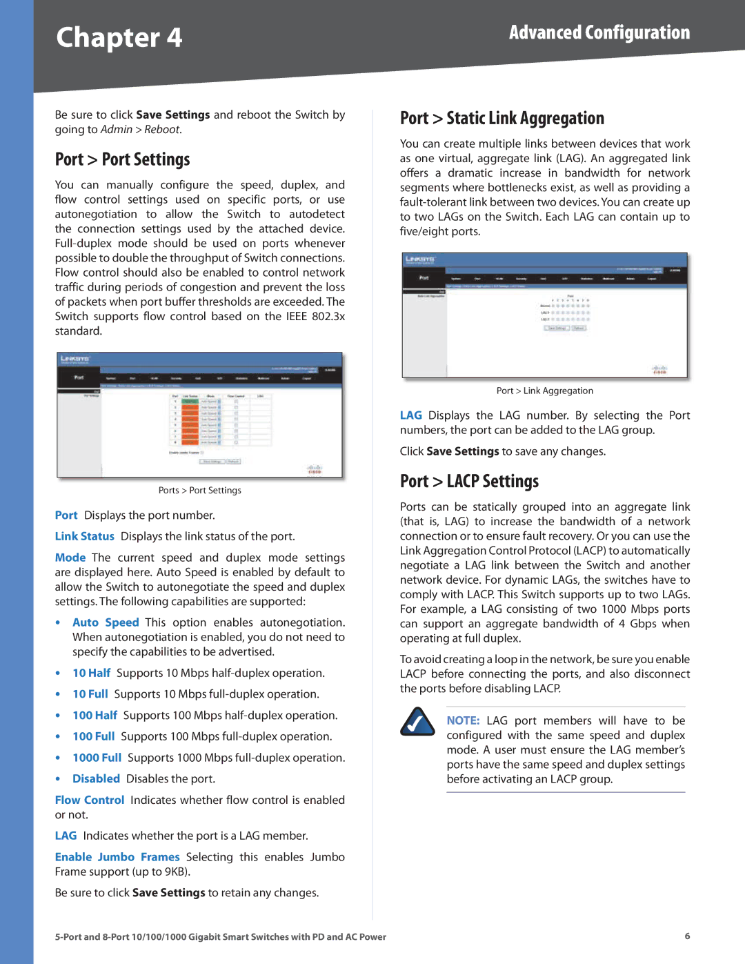 Linksys SLM2005, SLM2008 manual Port Port Settings, Port Static Link Aggregation, Port Lacp Settings 