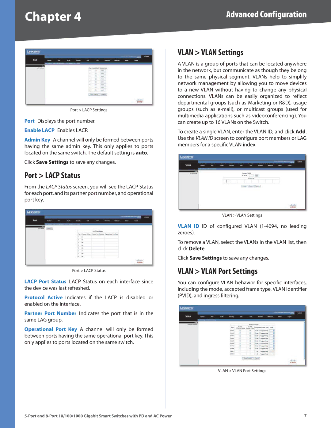 Linksys SLM2008, SLM2005 manual Port Lacp Status, Vlan Vlan Settings, Vlan Vlan Port Settings 