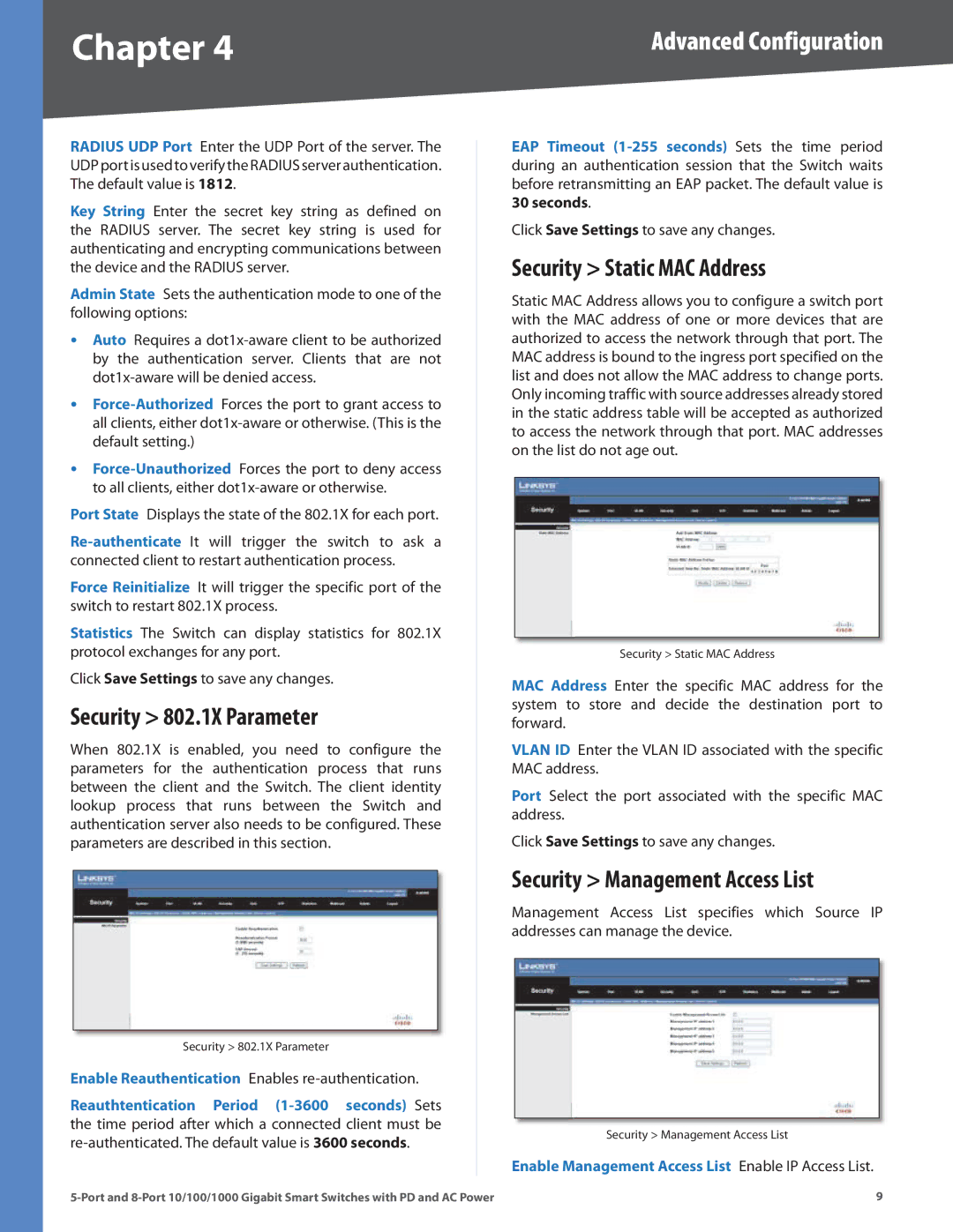 Linksys SLM2008, SLM2005 manual Security 802.1X Parameter, Security Static MAC Address, Security Management Access List 