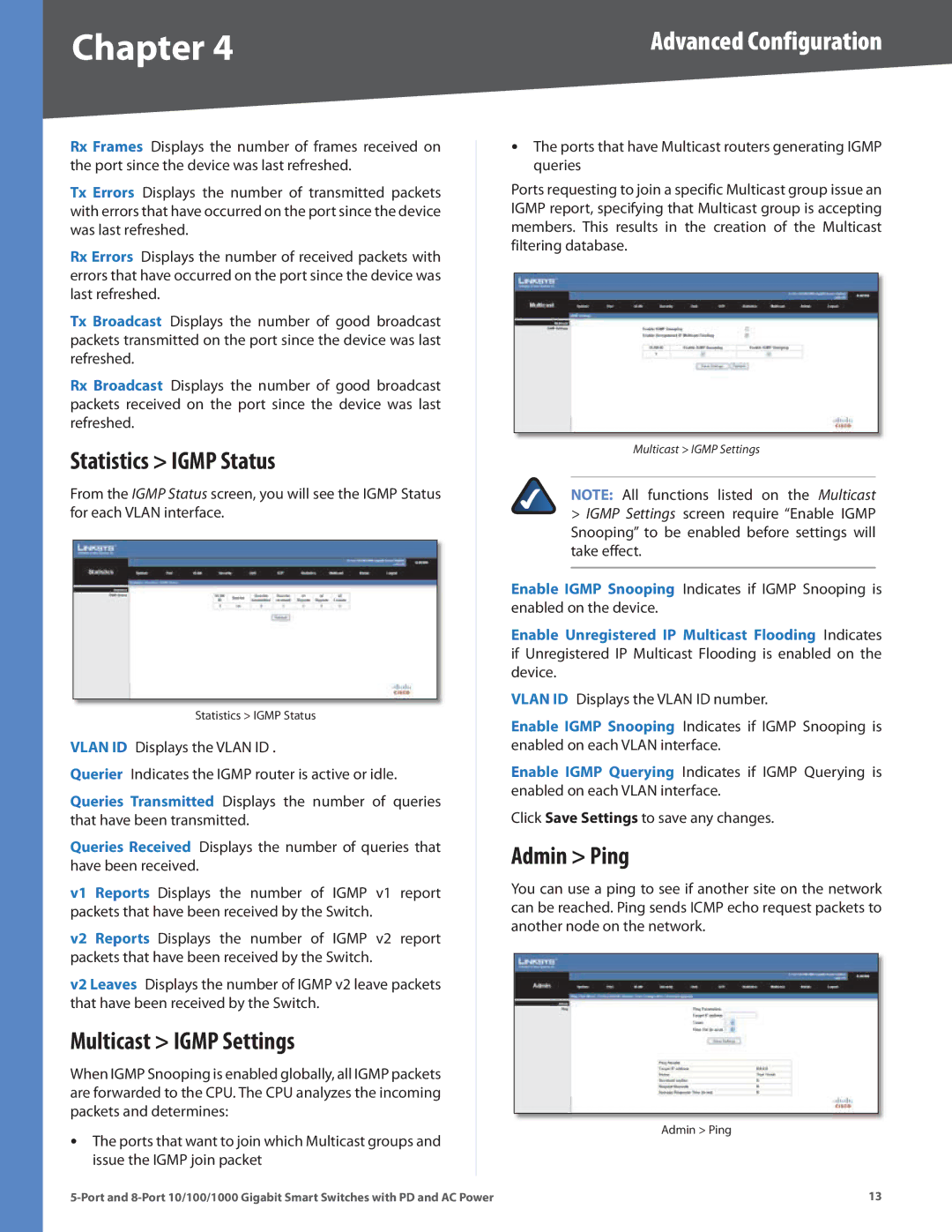 Linksys SLM2008, SLM2005 manual Statistics Igmp Status, Multicast Igmp Settings, Admin Ping 