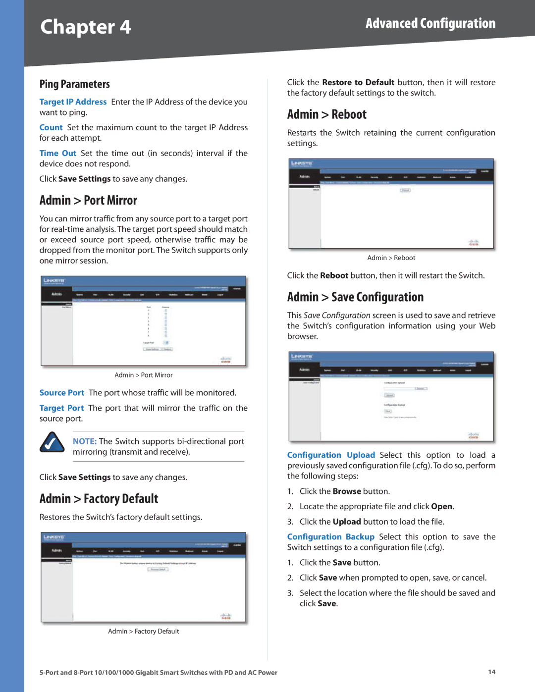 Linksys SLM2005, SLM2008 Admin Port Mirror, Admin Factory Default, Admin Reboot, Admin Save Configuration, Ping Parameters 