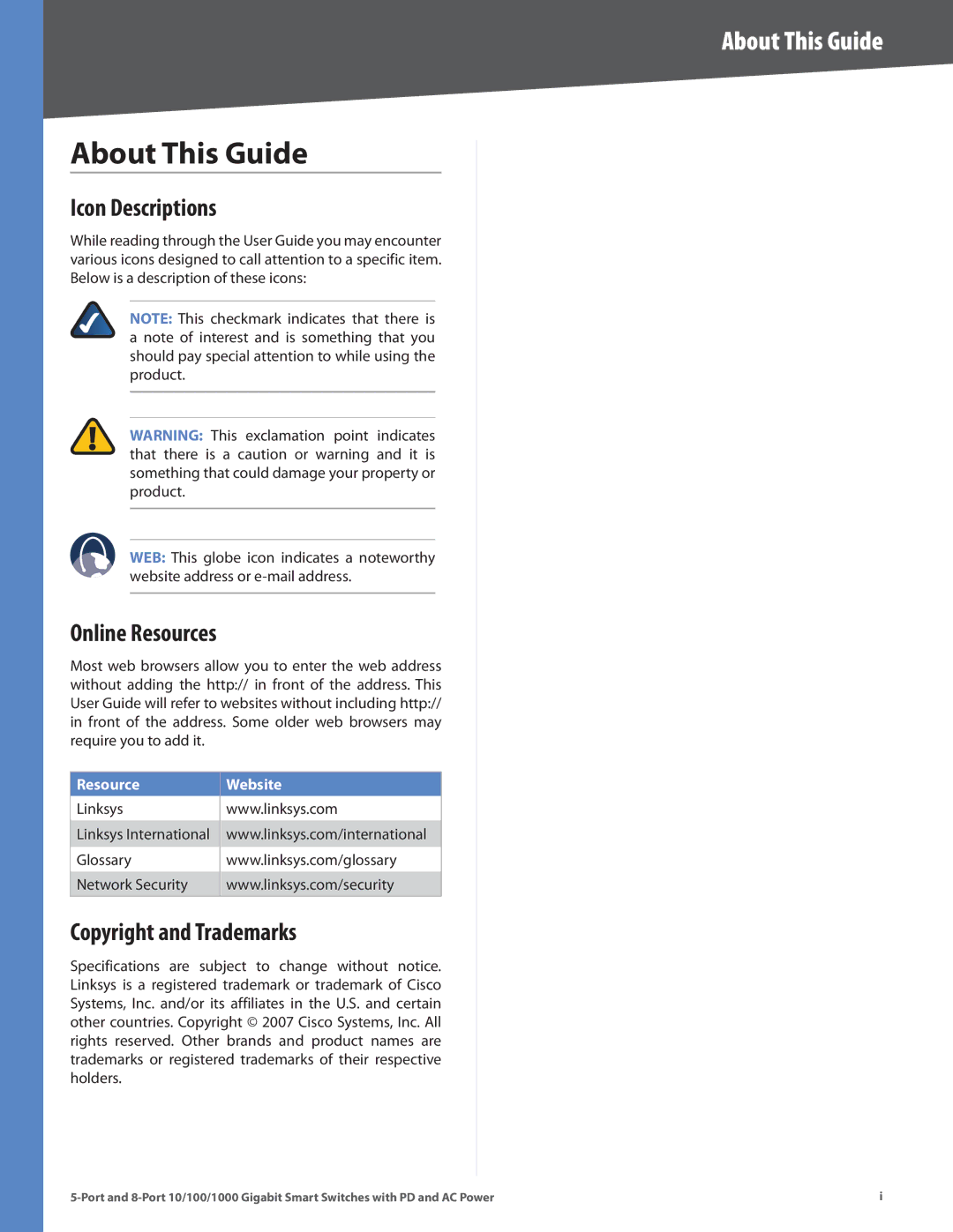 Linksys SLM2005, SLM2008 manual About This Guide, Icon Descriptions, Online Resources, Copyright and Trademarks 