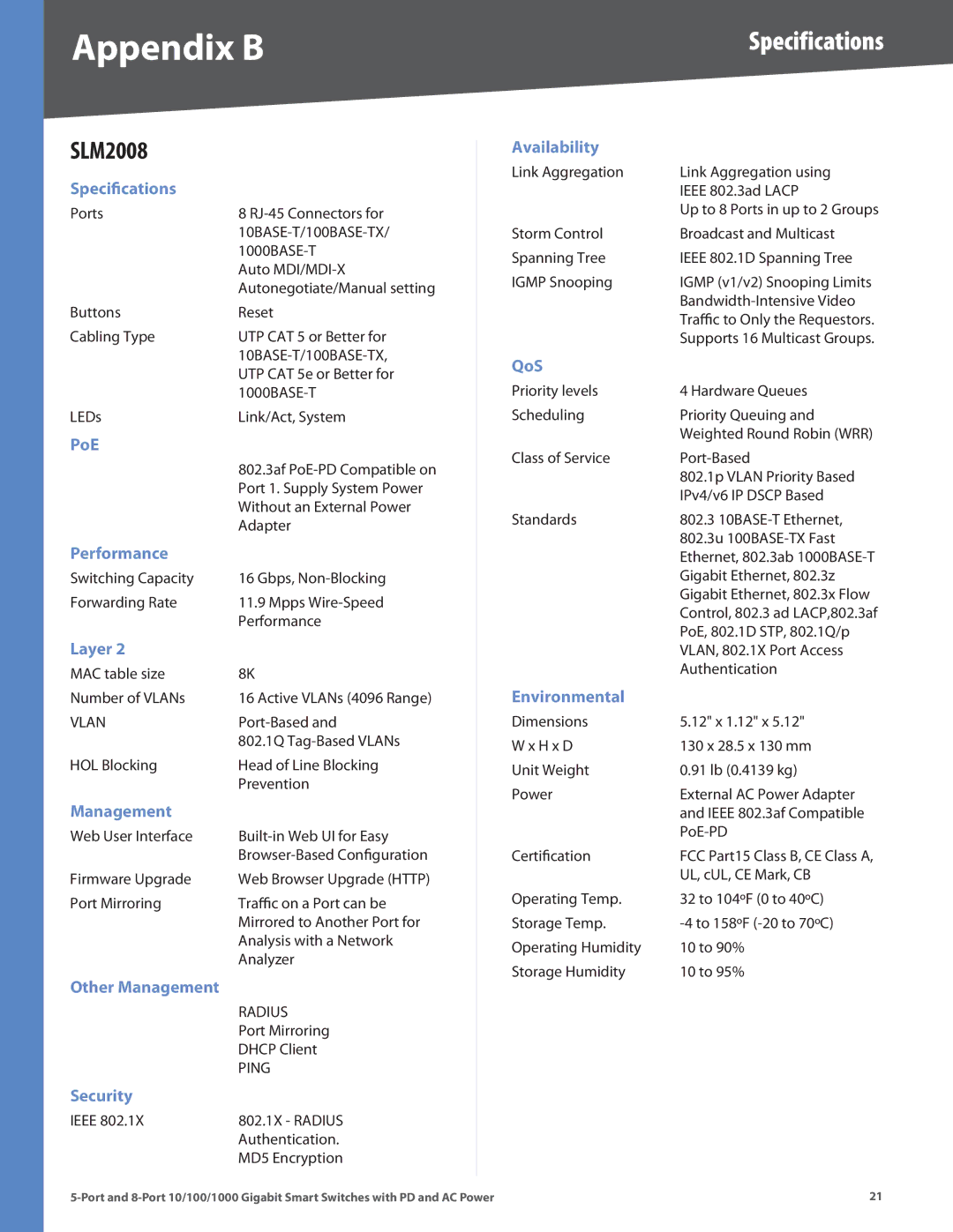 Linksys SLM2008, SLM2005 manual 10BASE‑T/100BASE-TX 