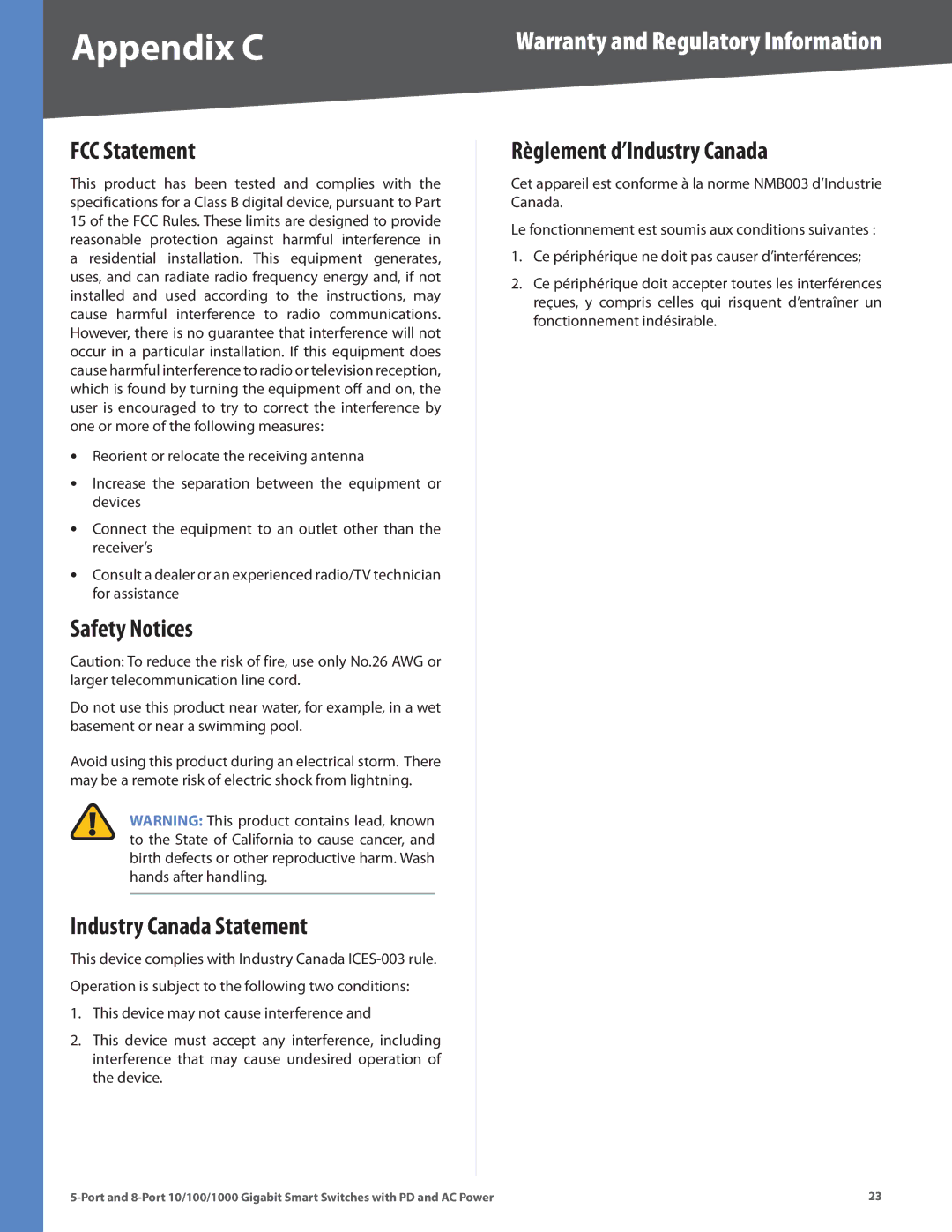 Linksys SLM2008, SLM2005 manual FCC Statement, Safety Notices, Industry Canada Statement, Règlement d’Industry Canada 