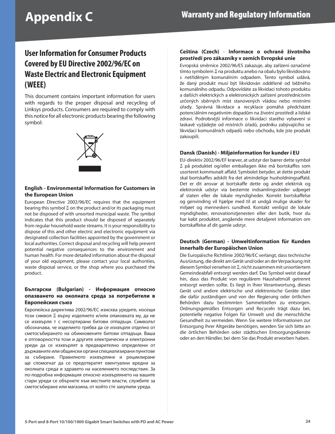 Linksys SLM2005, SLM2008 manual Dansk Danish Miljøinformation for kunder i EU 