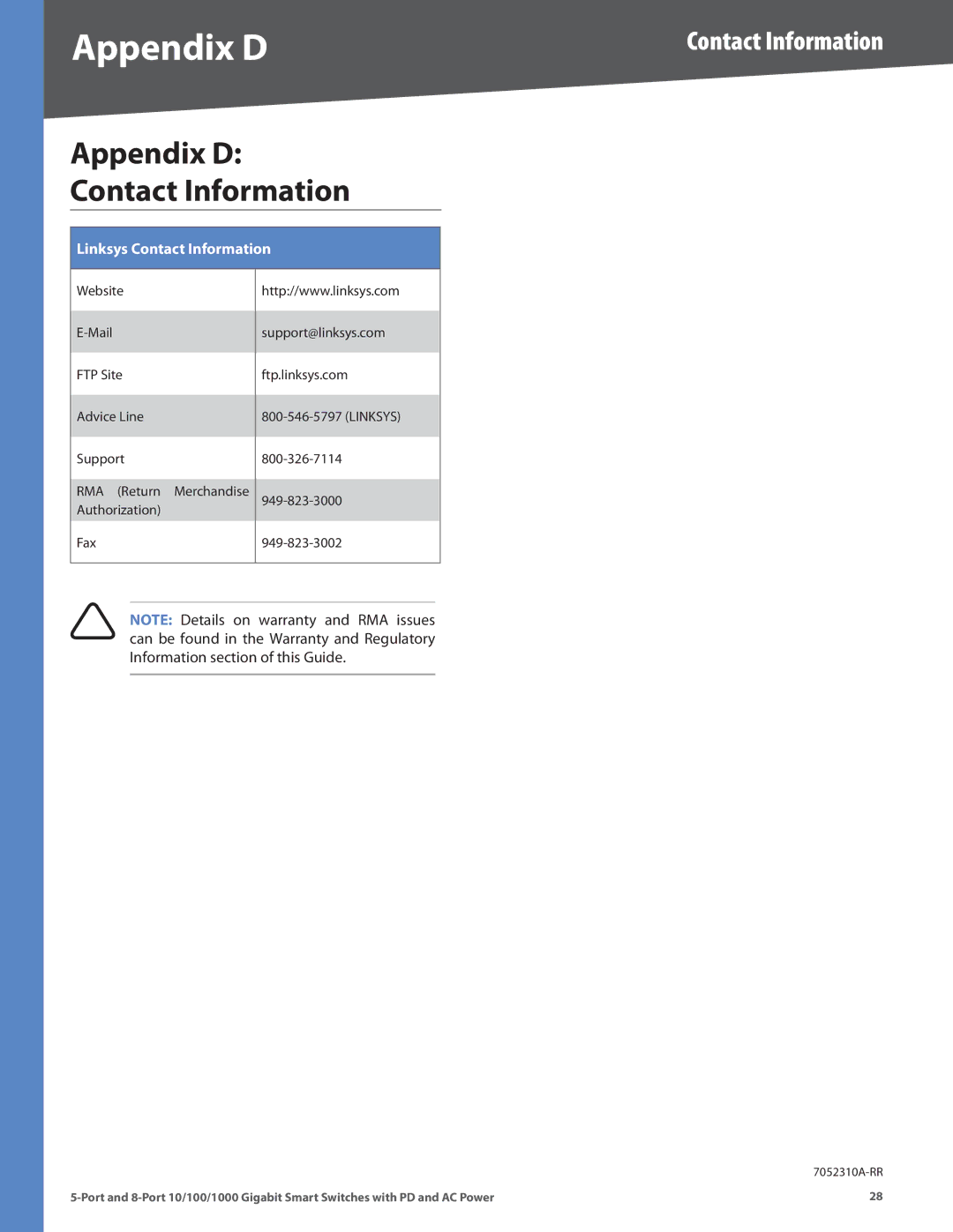 Linksys SLM2005, SLM2008 manual Appendix D, Contact Information 