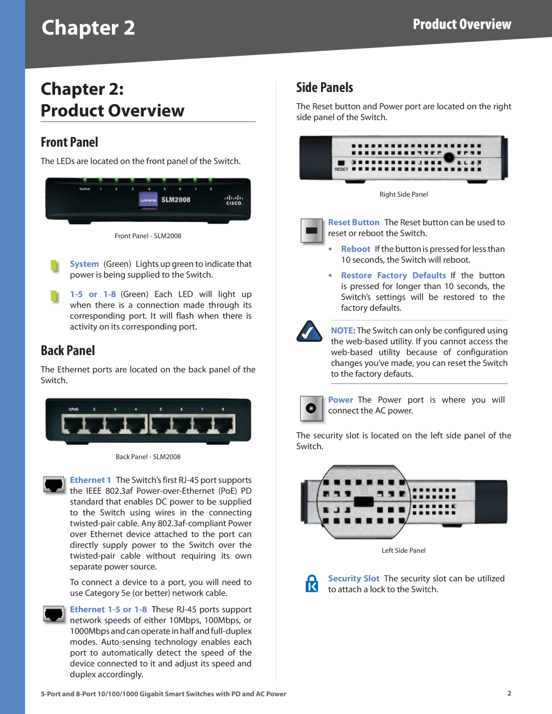 Linksys SLM2005, SLM2008 manual Chapter Product Overview, Front Panel, Back Panel, Side Panels 