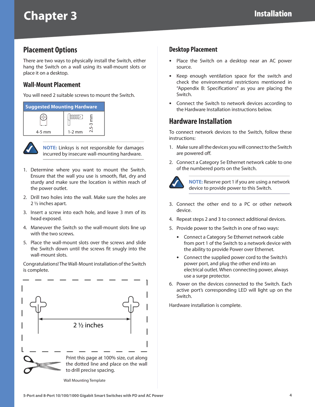 Linksys SLM2005, SLM2008 manual Placement Options, Hardware Installation, Wall-Mount Placement, Desktop Placement 